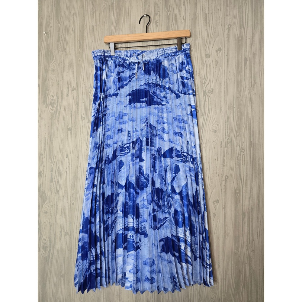 Scotch & Soda Free Mind Pleated Maxi Skirt Womens XL Blue White Scenic Print